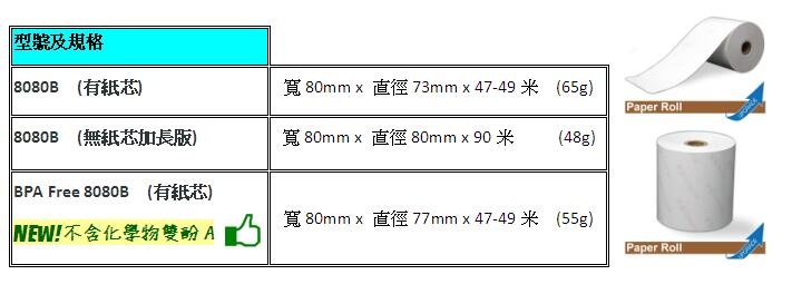 熱敏紙Thermal Paper,8080B,無紙芯core less